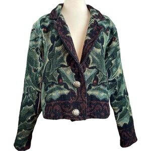 Vtg Painted Pony Mistletoe Berries Leaf Print Tapestry Buttoned Coat Jacket OS